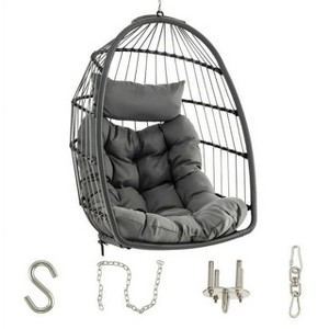 SUGIFT Egg Chair, Hanging Swing Chair, Outdoor Patio Wicker Egg Chair with Cushion, Gray - 1 of 4