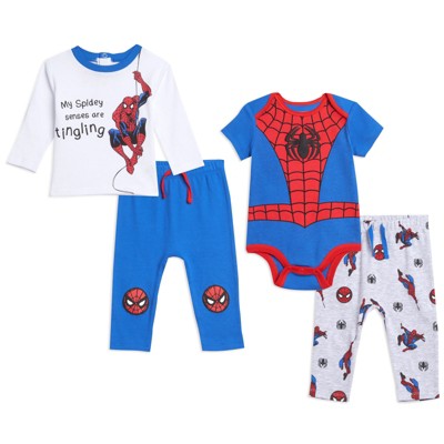 Image of Marvel Avengers Spider-Man Newborn Baby Boys 4 Piece Outfit Set: Bodysuit T-Shirt Pants Spiderman 3-6 Months