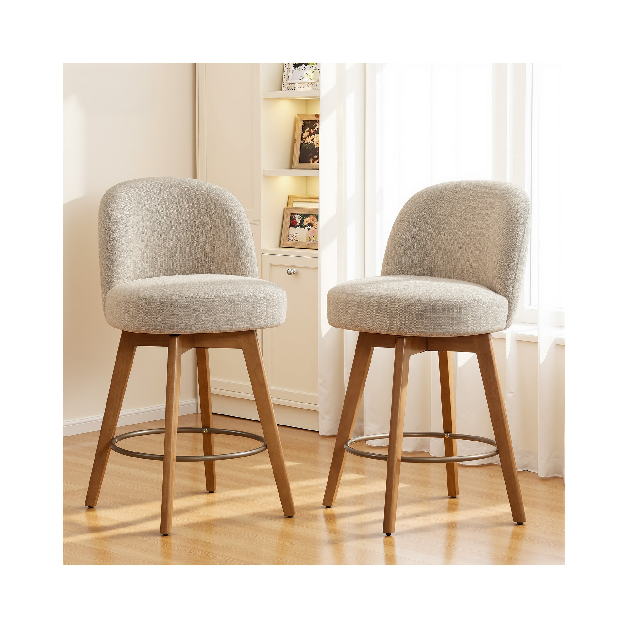 Bekrvio 26" Swivel Counter Height Bar Stools Set of 2,Fabric Upholstered Bar Chairs with Walnut Wood Legs, Counter-Height Kitchen Island Stools, Sand