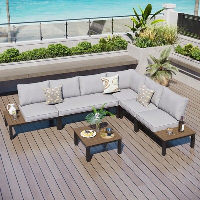 Captiva Designs 6pc Outdoor Off-white Conversation Set with Sectional Sofa & Coffee Table & Removable Cushion