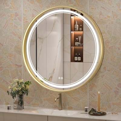 Keonjinn Metal Framed LED Round Frontlit Bathroom Vanity Wall Mirror, 3 Color Temperatures Dimmable, Anti-Fog