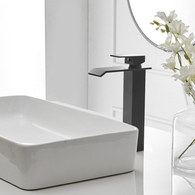 Matte Black Tall Waterfall Vessel Sink Faucet with Pop-Up Drain