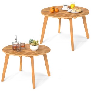 Tangkula 2PCS Outdoor Acacia Wood Side Table Patio 24.5" Round End Table w/ Slatted Tabletop - 1 of 4