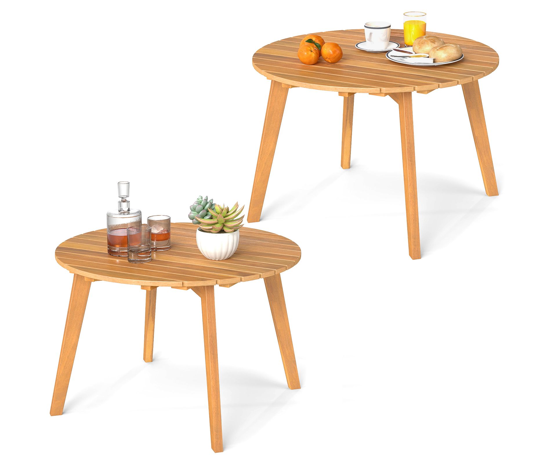 Tangkula 2PCS Outdoor Acacia Wood Side Table Patio 24.5" Round End Table w/ Slatted Tabletop