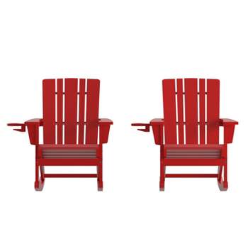 Emma and Oliver Set of 2 Adirondack Rocking Chairs with Cup Holders, Weather Resistant HDPE Adirondack Rocking Chairs
