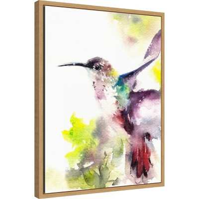 Vibrant Hummingbird Watercolor Canvas Print with Natural Frame