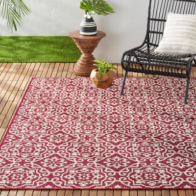 Red and Ivory Geometric Synthetic 8' x 10' Reversible Area Rug