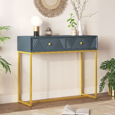 PAGED Modern Gold Metal Console Table with Diagonal Stripe Drawers, Narrow Entryway Sofa Table with Storage, Sofa Tables Narrow Long