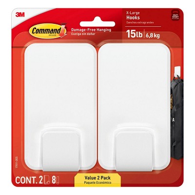 Command Jumbo Double Hook: Heavy Duty Adhesive Hooks, 15 lb Capacity, White, 2 Pack
