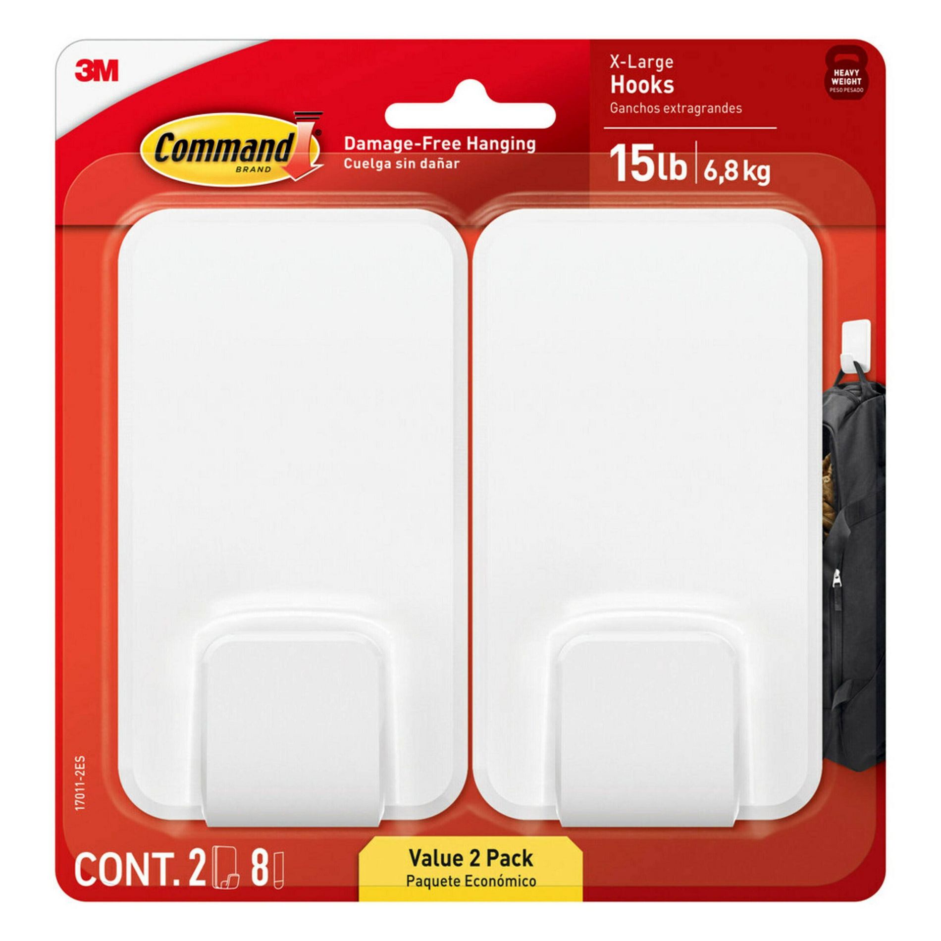 Command Jumbo Double Hook: Heavy Duty Adhesive Hooks, 15 lb Capacity, White, 2 Pack
