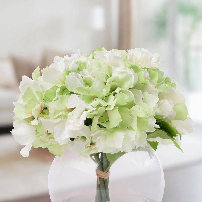 Nature Spring Hydrangea Floral Arrangement in Vase - 5-Count Artificial Flowers with Leaves in Faux Water-Filled Decorative Clear Glass Bowl, 5 of 6