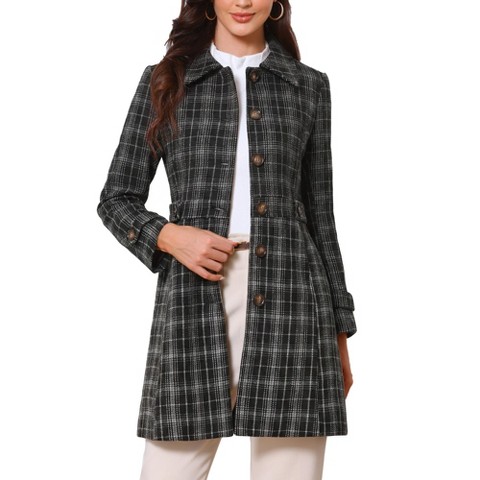 INSPIRE CHIC Women's Plaid Single Breasted Winter Trench Outerwear Pea Coat Black Medium