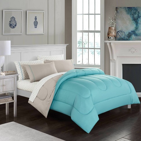 7pc Full Roma Solid Reversible Bed In A Bag Comforter Set Teal Blue ...