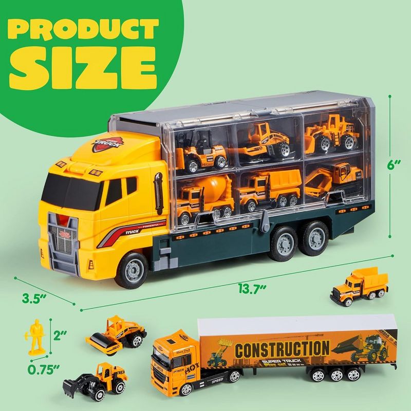 19 in 1 Die-cast Construction Toy Truck, Mini Construction Vehicles in Big Carrier Truck, Patrol Rescue Helicopter for Boys Kids Easter Gifts, 4 of 9