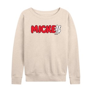 Women's - Disney - Mickey Red Hand Peace Sign Lightweight French Terry Wide Neck Long Sleeve Shirt - 1 of 4