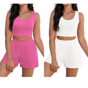 ATHLECHIC Women's Ribbed Knit Crop Tank Tops Short Sets with Pockets Travel Outfits 2 Pcs - 1 of 4