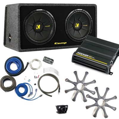 Kicker Bass package - Dual 12" CompS in a ported box with CX600.1 amplifier, wiring kit, grilles, and bass knob.