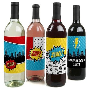 Big Dot of Happiness Bam Superhero - Baby Shower or Birthday Party Decorations for Women and Men - Wine Bottle Label Stickers - Set of 4 - 1 of 4