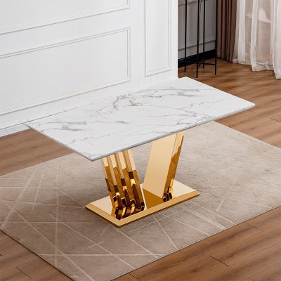 Modern 70'' Rectangular Marble Dining Table,Mirrored Stainless Steel Base,Suitable for 6 People - Maison Boucle