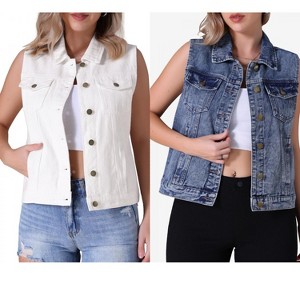 INSPIRE CHIC Women's Sleeveless Turndown Collar Button Down Chest Flap Pockets Washed Denim Vest 2 Packs - 1 of 4