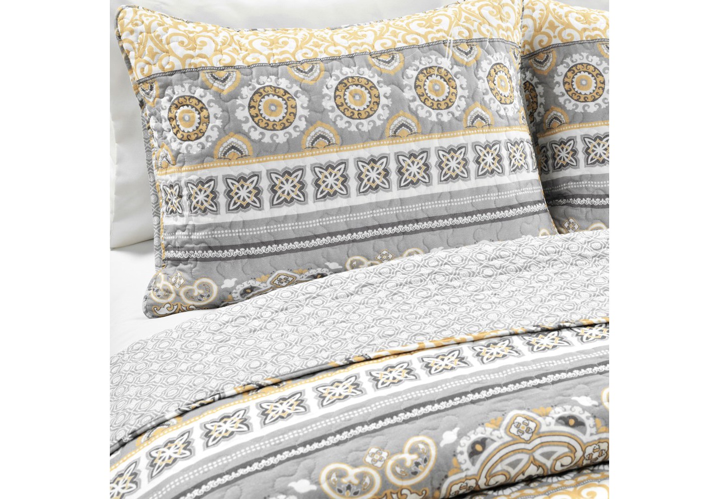 Покрывала Lush Decor Nesco Stripe Reversible Cotton Quilt Yellow/Gray 3Pc Set, цвет: Полосатый — фото 3