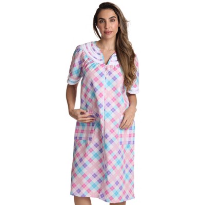 Dreamcrest Womens Short Sleeve Duster, Seersucker Plaid Housecoat/Women Sleepwear Zip Front Nightgown