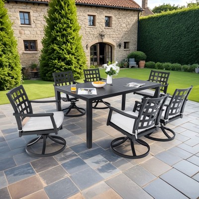 Nicbex 7 PCS Aluminum Patio Dining Set,1 Slatted Table with Umbrella Hole&Stone Top,6 Dining Swivel Chairs,Patio Conversation Sets for Garden&Backyard