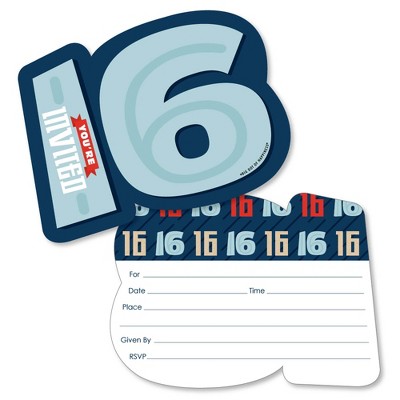 Big Dot of Happiness Boy 16th Birthday - Shaped Fill-In Invitations - Sweet Sixteen Birthday Party Invitation Cards with Envelopes - Set of 12