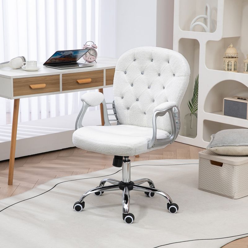 Vinsetto Vanity Teddy Fleece Mid Back Office Chair Swivel Tufted Backrest Task Chair with Padded Armrests, Adjustable Height, Rolling Wheels, White, 3 of 7