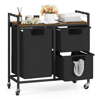Oumilen Black 3-Bin Rolling Laundry Sorter with Wood Shelf