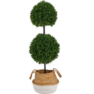 Nearly Natural 3.5-ft Boxwood Double Ball Artificial Topiary Tree in Boho Chic Handmade Cotton & Jute White Woven Planter UV Resistant - 1 of 4