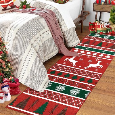 Christmas Runner Rug 2x10 Hallway Rug Xmas Runner Kitchen Rug Bath Mat Washable Rug Non Slip Carpet Low Pile Holiday Decor Deer Snowflake Red/Green
