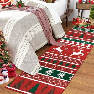 Christmas Runner Rug 2x10 Hallway Rug Xmas Runner Kitchen Rug Bath Mat Washable Rug Non Slip Carpet Low Pile Holiday Decor Deer Snowflake Red/Green - 1 of 4