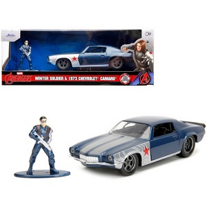 1973 Chevrolet Camaro Dark Blue Metallic with Gray Stripes and Winter Soldier Diecast Figure 1/32 Diecast Model Car by Jada - 1 of 4