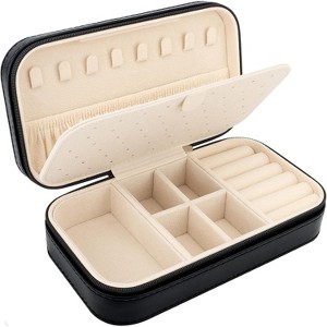 PU Leather Travel Jewelry Case Beige Color Compact Organizer for Earrings Necklaces - 1 of 4