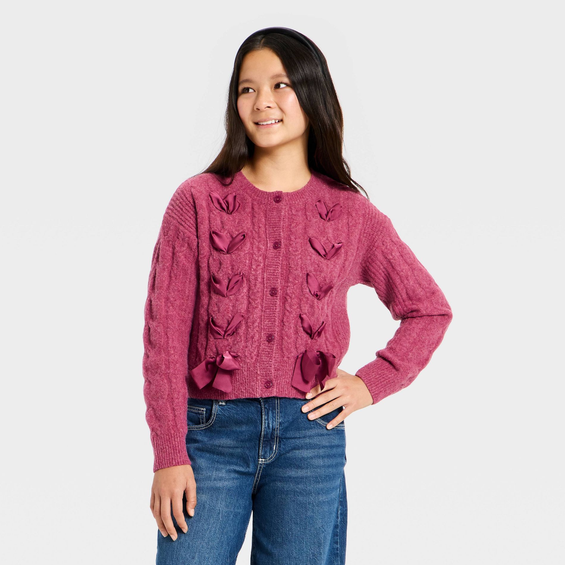 Girls' Cable Knit Ribbon Cardigan - art class™