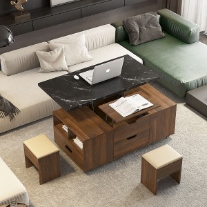 Lift-Up MDF Coffee Table with Expandable Hidden Storage and Drawers with 2 Stools Set and Space-Saving Folding Dining Function - 1 of 4