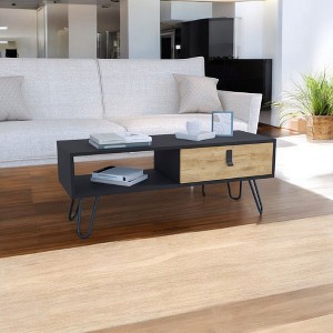 Alilang 14.17 Inch Modern Industrial Coffee Table with Open Storage Shelves and Sliding Drawer - Black Multi - 1 of 4