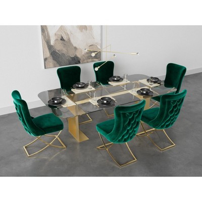 PrimeNest Noblesse Collection Upholstered Gold Legged Dining Chair, Set of 2, Green