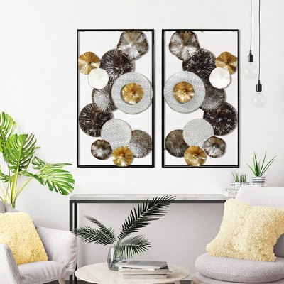 Set of 2 Multi-Color Abstract Metal Flower Wall Art Panels