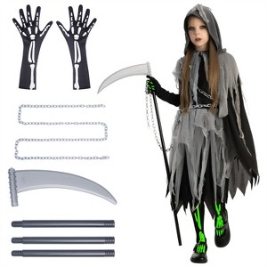 Joyfy Girls' Grim Reaper Costume Halloween - Glow-in-the-Dark Dress Costume for Halloween Cosplay Dress Up Party - 1 of 4