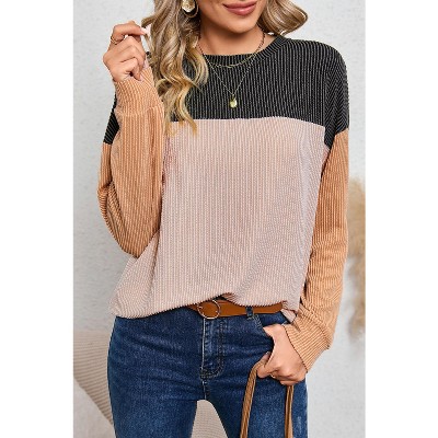 I AM A FASHION JUNKY Khaki Color Block Ribbed Loose Long Sleeve Top