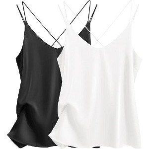 Ekouaer Womens Silk Satin Camisole Tank Tops V Neck Spaghetti Strap Blouses Cross Back Sleeveless Cami Shirt - 1 of 4