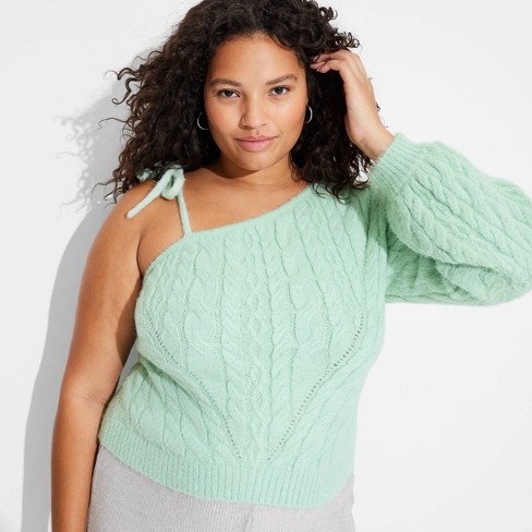 Women s One Shoulder Tie Cable Pullover Sweater Wild Fable Mint Green 1x Target