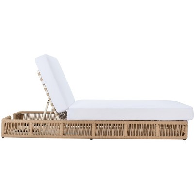 Tan Rope Wicker Armless Chaise with White Cushions
