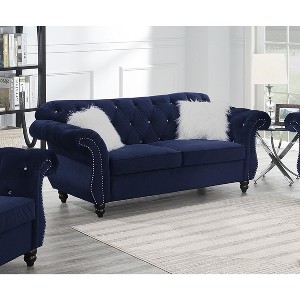 TiramisuBest Indigo Velvet Loveseat with Crystal Tufting, Silver Nailhead Trim, 2-Seater Couch with Pillows for Living Room, Formal Luxury Style - 1 of 4