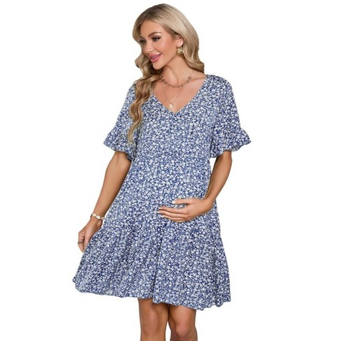 Maternity Dress Womens Casual Babydoll Dress Ruffle Short Sleeve V Neck ...