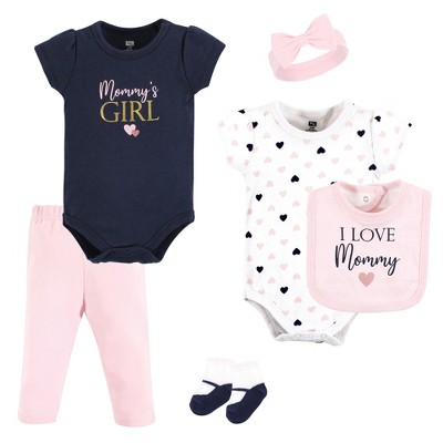 Image of Hudson Baby Infant Girl Cotton Layette Set, Girl Mommy Pink Navy, 6-9 Months