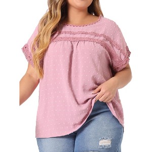 Women's Plus Size Swiss Dots Short Sleeve Lace Crochet Chiffon Pleated Casual Blouses - Agnes Orinda - 1 of 4