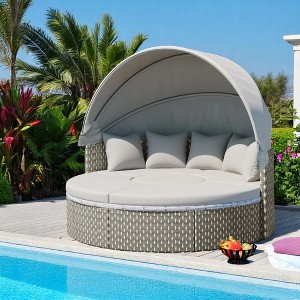Outdoor Round Daybed with Retractable Canopy,Adjustable Table,Wicker Sectional Sofa with Cushions & Pillows,Patio Lounge Set-Gray - 1 of 4